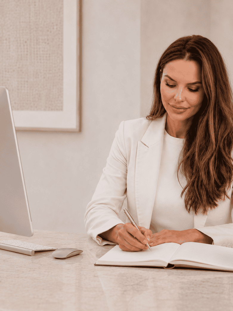 Business Coach Jacquelyn Van Tuyl working at her desk.